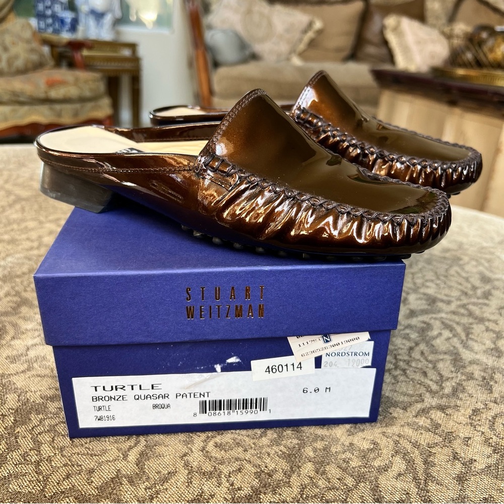 Vintage Stuart Weitzman Turtle Bronze Quasar Patent Mule Slide Shoe Size 6 $190